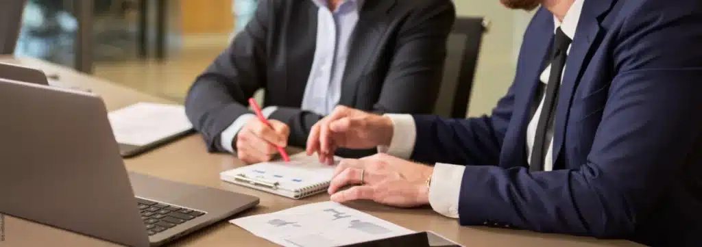 Unternehmer erstellen gemeinsam ihre Liquiditätsplanung im Büro.
