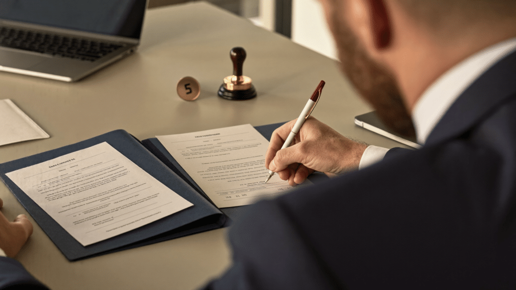 Unternehmer unterzeichnet die Gründungsunterlagen beim Rechtsformwechsel zur GmbH.