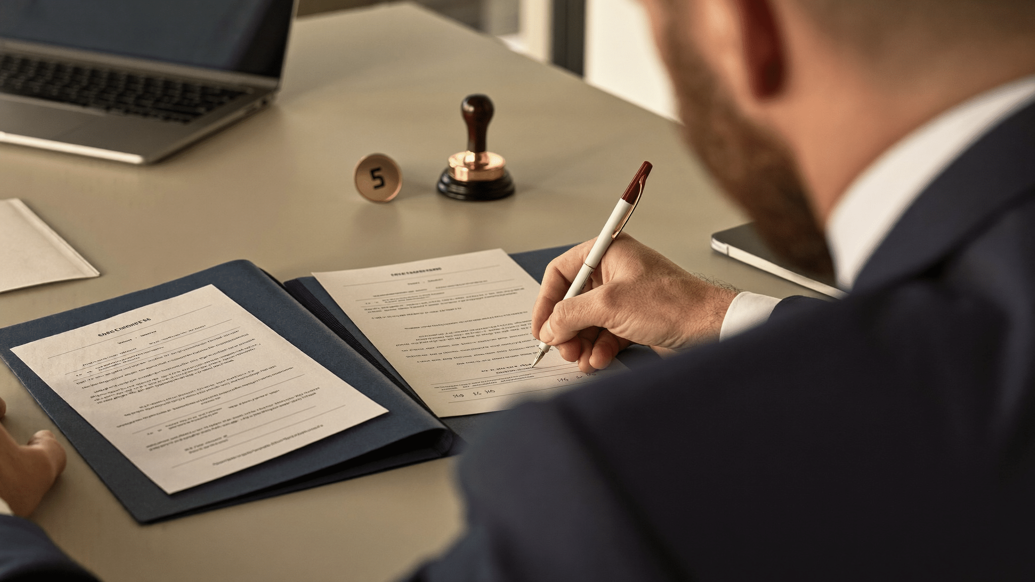 Unternehmer unterzeichnet die Gründungsunterlagen beim Rechtsformwechsel zur GmbH.