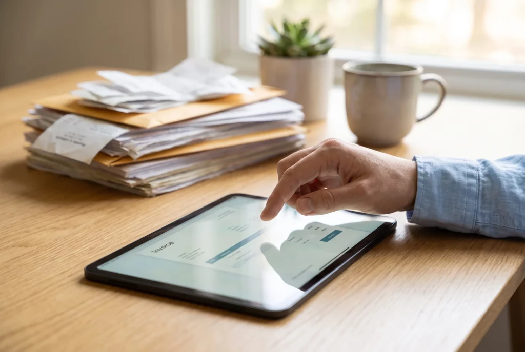 Digitaler Beleg auf dem iPad vor einem Papierstapel als Start der Buchhaltungsautomatisierung