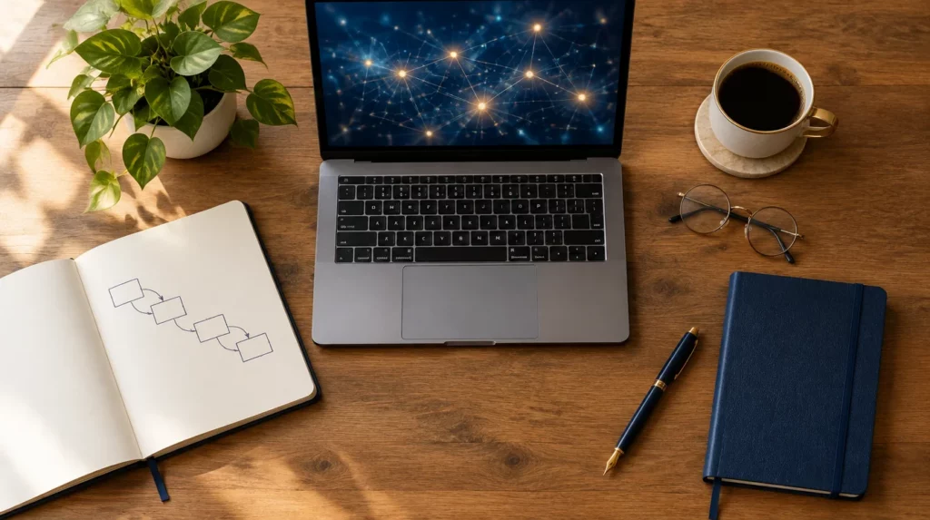 Schreibtisch mit Laptop, der eine KI-Netzwerk-Visualisierung zeigt, und Notizbuch mit Schritt-Plan zur KI-Einführung im Mittelstand.