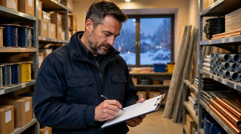 Betriebsinhaber hakt bei der Inventur im Materiallager eine Checkliste für den Jahresabschluss ab.